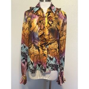 ST. JOHN Silk Crepe Ruffle Front Abstract Floral Blouse Top sz.6-8 Resort 2009